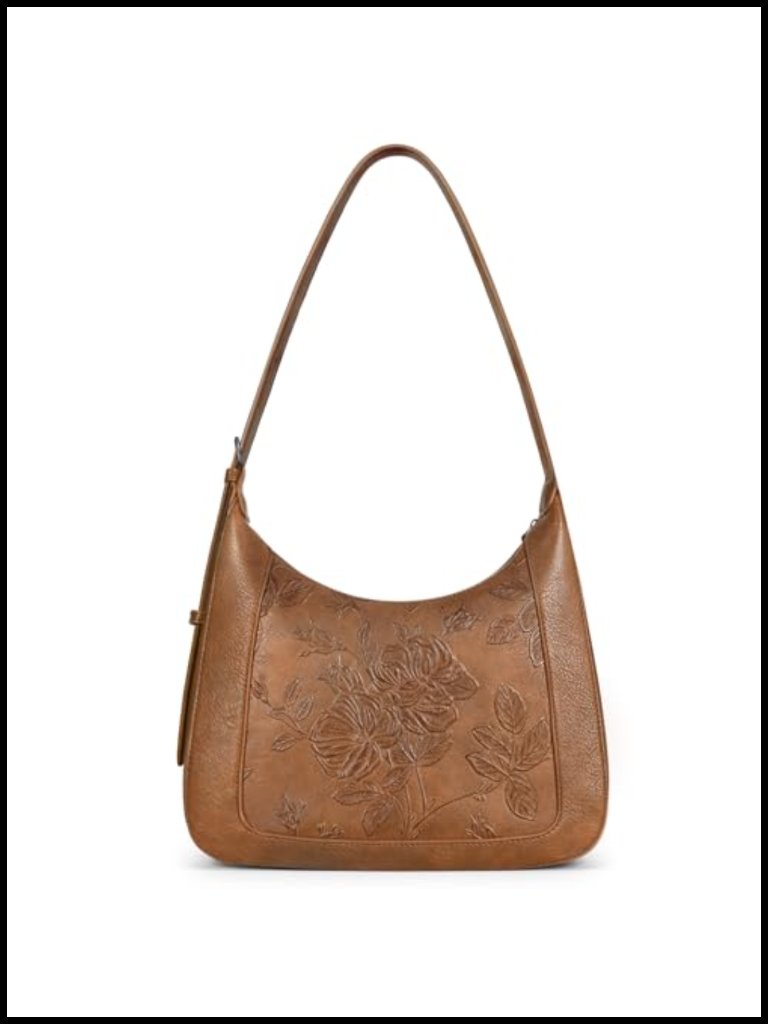 Vegan Leather Crescent Shoulder Bag With Embossed Design & Adjustable Strap